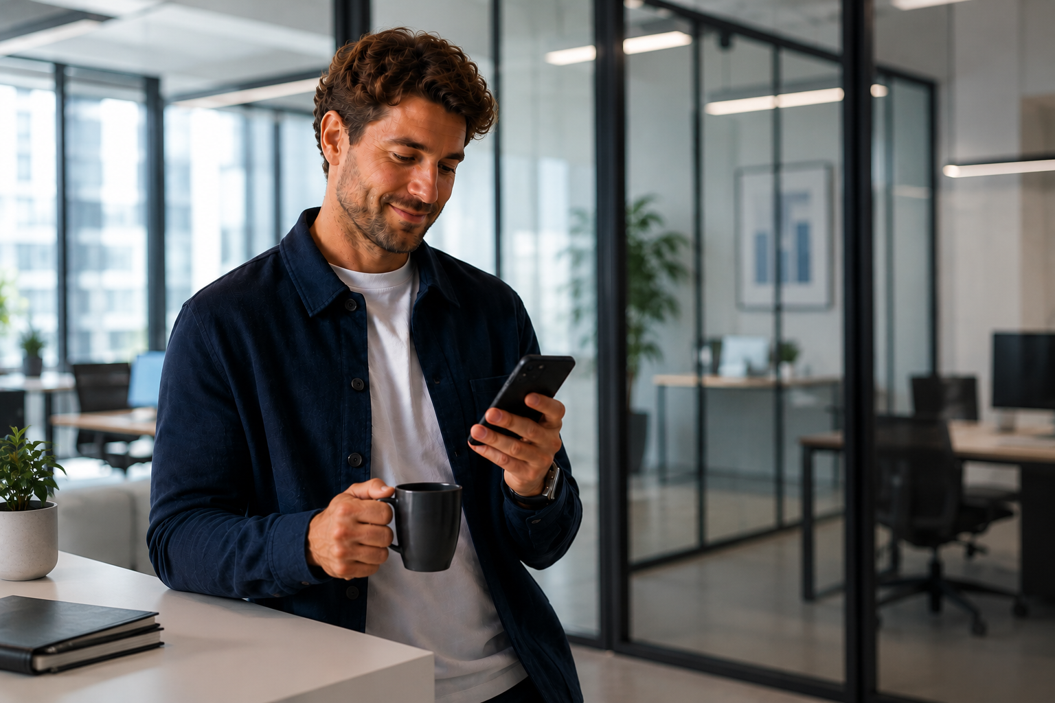 Man adjusting the tone of an email draft in Chifty Office on a smartphone