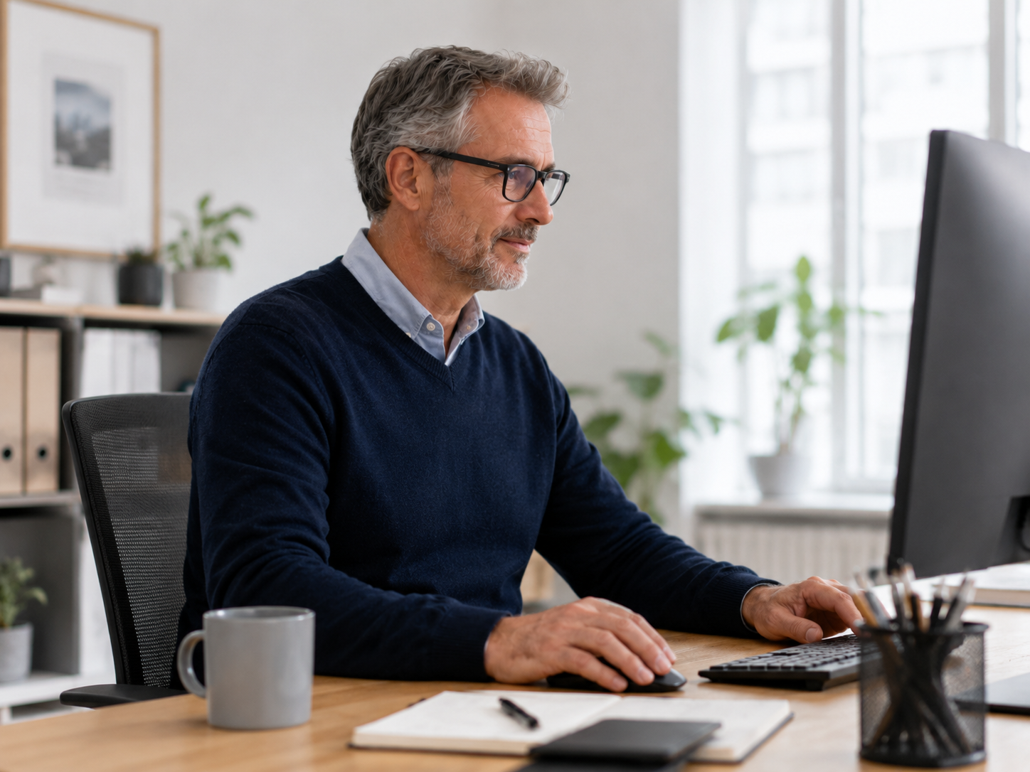 Person working at a desktop monitor with prioritized emails in Chifty Office