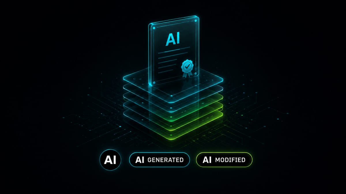 Die drei EU-Symbole zur Kennzeichnung KI-generierter und KI-modifizierter Inhalte: das Grundsymbol AI, AI GENERATED für vollständig KI-erzeugte und AI MODIFIED für teilweise mit KI veränderte Inhalte.