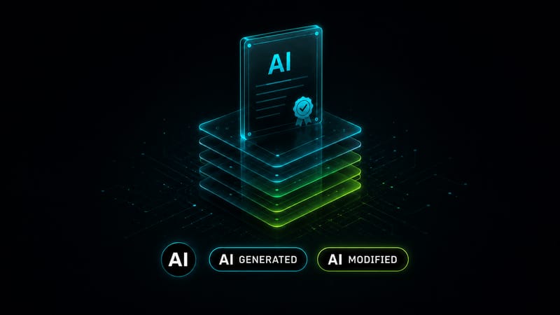 The three EU icons for labelling AI-generated and AI-modified content: the basic AI icon, AI GENERATED for fully AI-created content, and AI MODIFIED for partially AI-altered content.