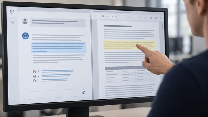 Eine Person vergleicht eine blau markierte KI-Antwort mit einer gelb markierten Passage im Quelldokument auf einem Monitor.