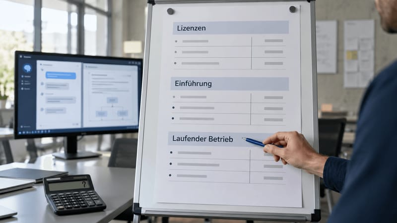 Eine Person zeigt auf einer Kostenübersicht auf den laufenden Betrieb; daneben stehen die Bereiche Lizenzen und Einführung sowie ein Taschenrechner.