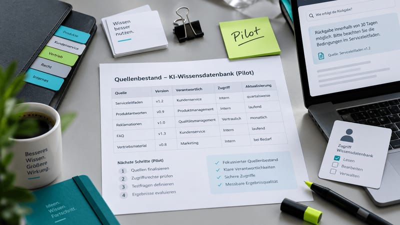 Source inventory for an AI knowledge base pilot beside a laptop showing a sourced answer and a card listing access permissions.