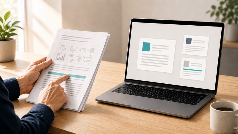 A person compares a highlighted passage in a process document with a digital knowledge view on a laptop.
